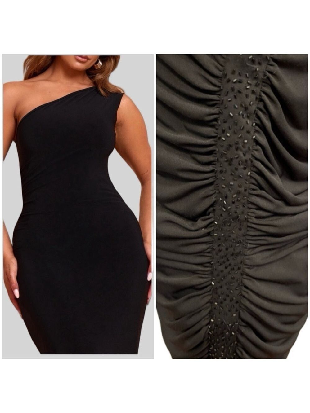 Jessica Black One Shoulder Ruched Crystal Accent Dress Plus Size 16